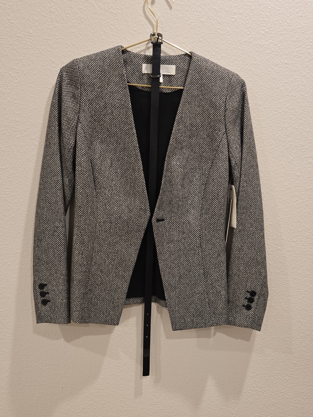 Womens Black & White Textured Open-Front Blazer